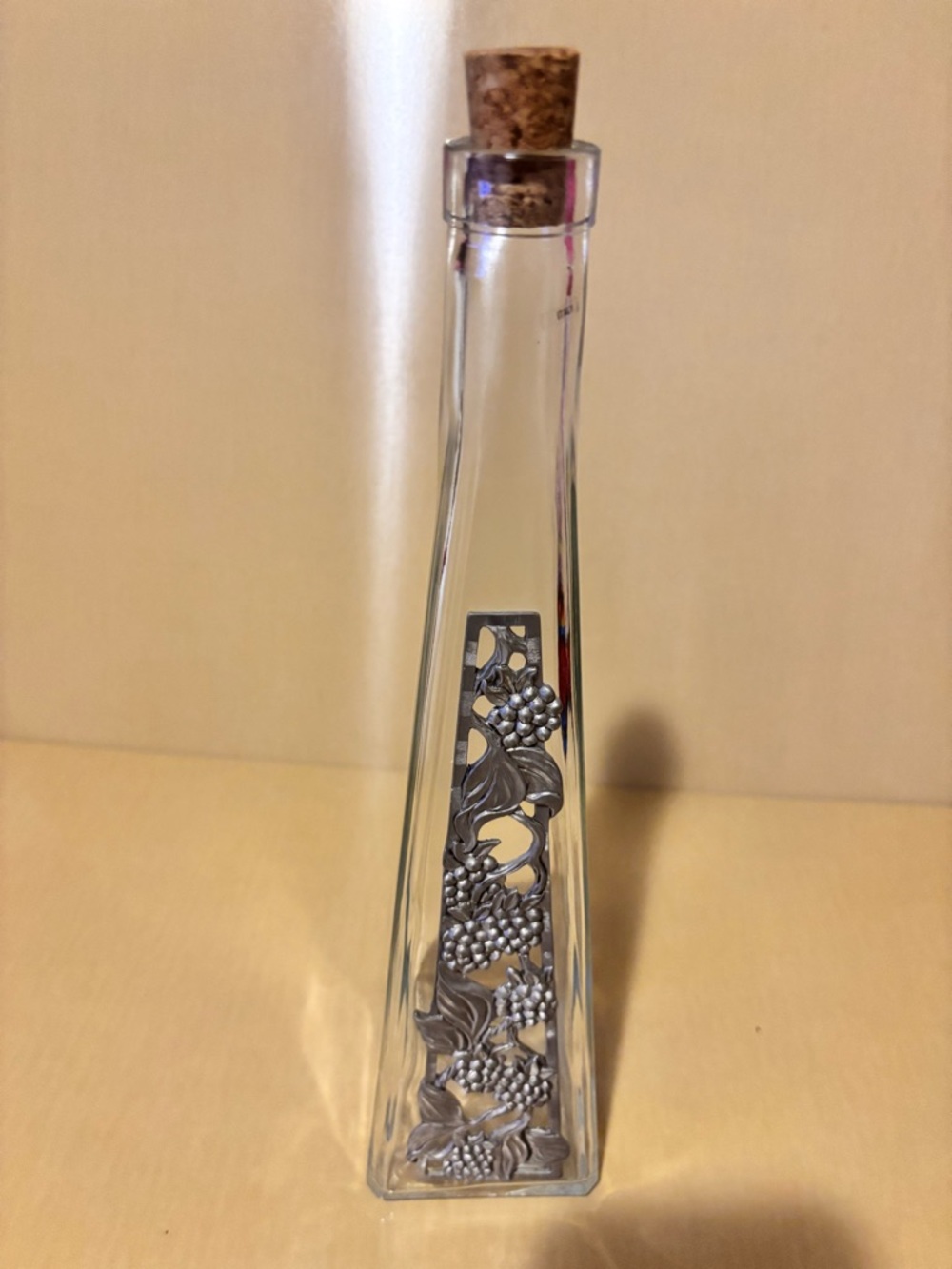 Glass Italian  Bottle with Cork and Pewter Vine Accent. Made in Italy